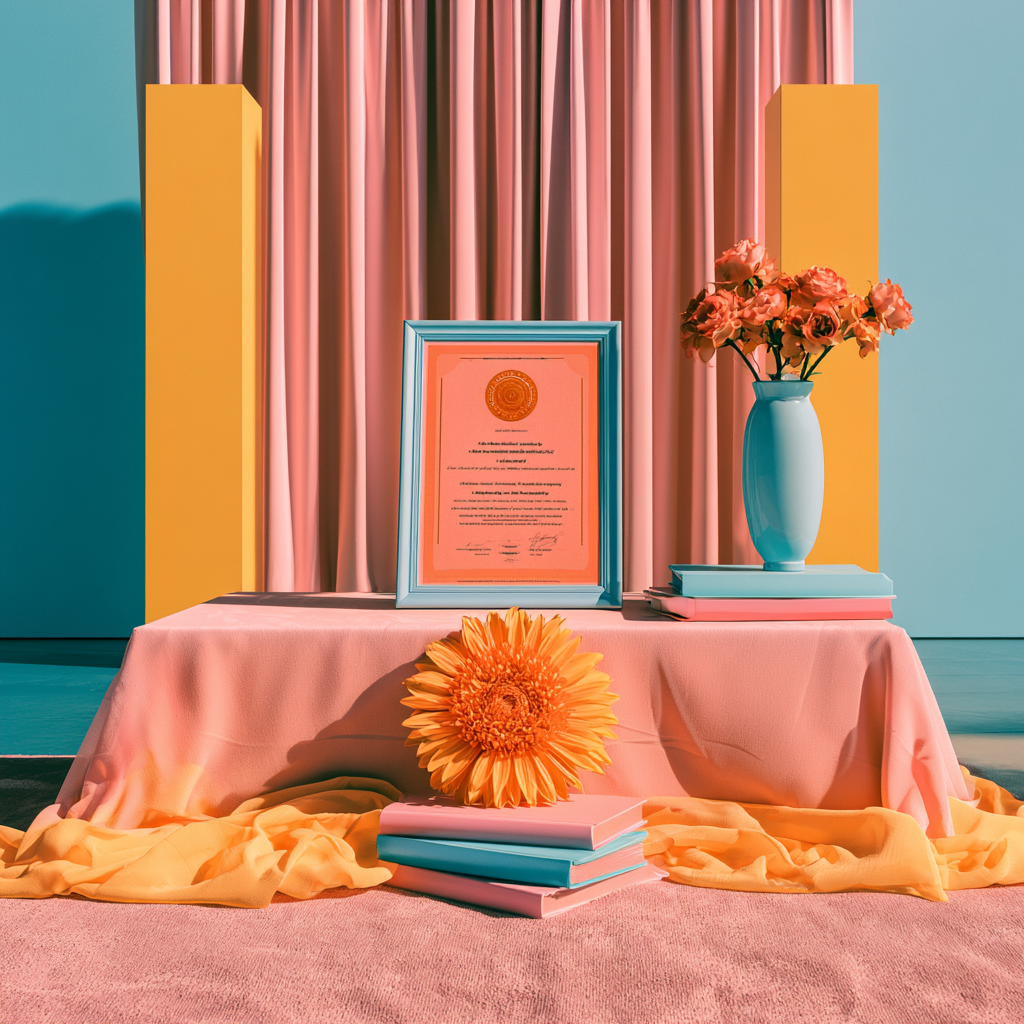 A framed award certificate on a pink-draped table, staged like a serious ceremony