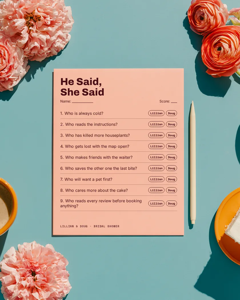 A printed He Said, She Said guest sheet for Lillian and Doug on a teal table with flowers, cake and coffee