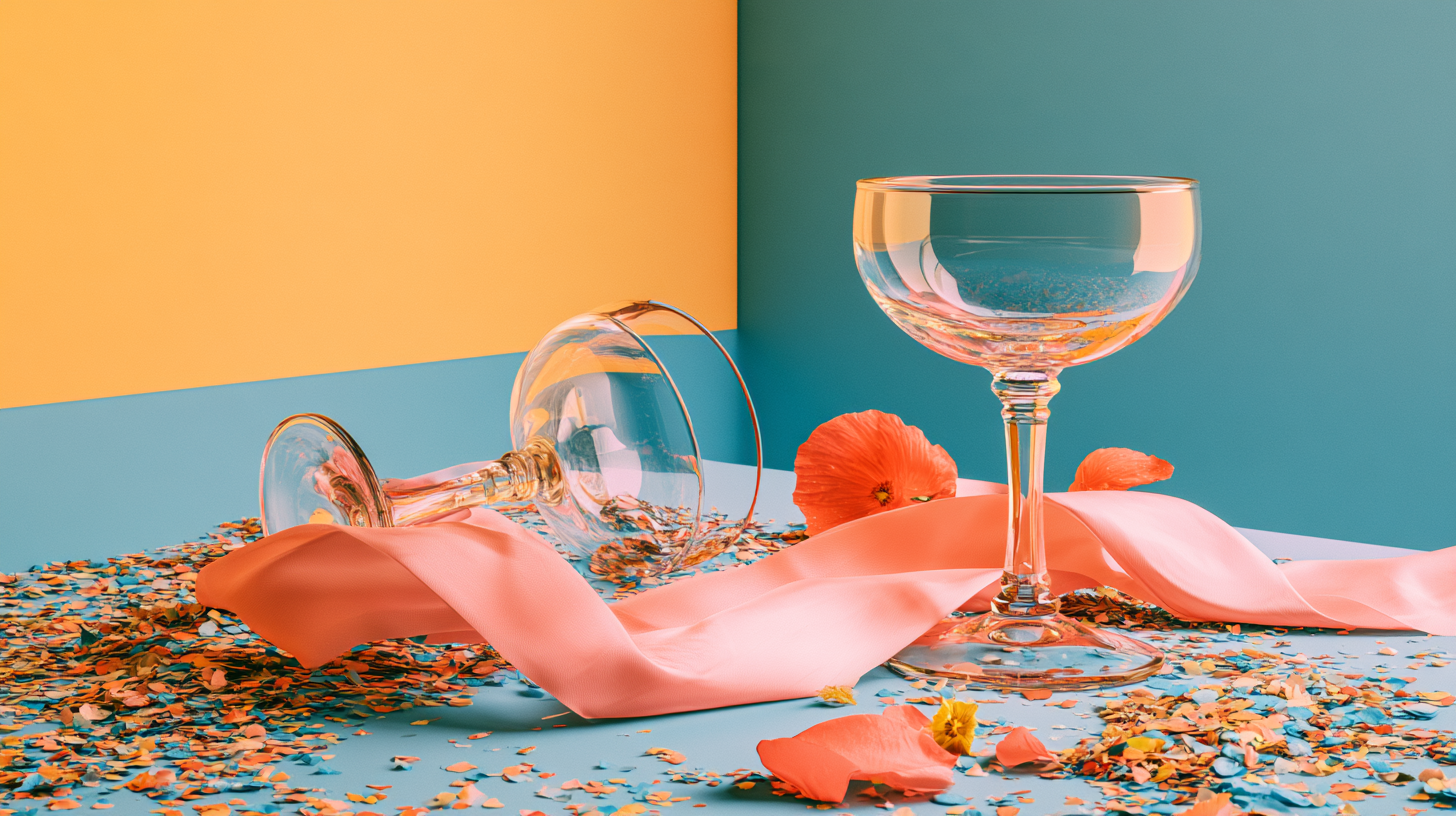 Two coupe glasses, a pink ribbon, and confetti in front of marigold and teal walls