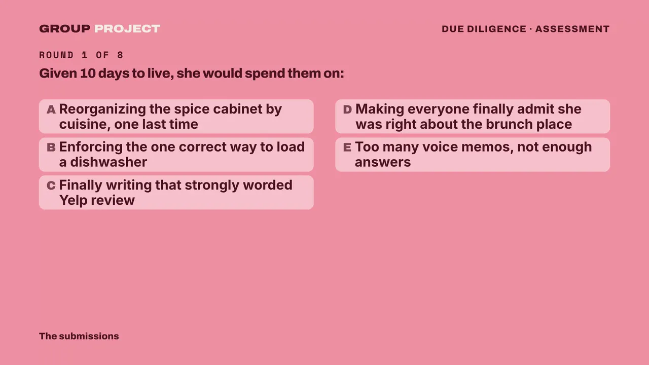 Due Diligence on the TV: Given 10 days to live, she would spend them on: the group’s answer cards, lettered, while Lillian deliberates