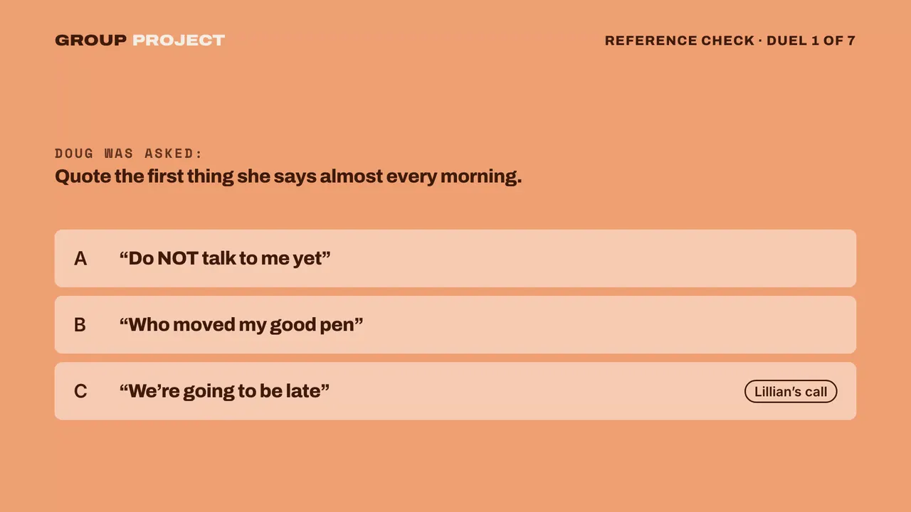 Reference Check on the TV, a duel: Quote the first thing she says almost every morning. Two answers from the group and Doug’s real one, with Lillian’s call on “We’re going to be late”