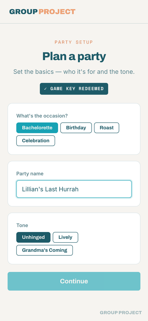 Party setup screen: occasion, party name, tone