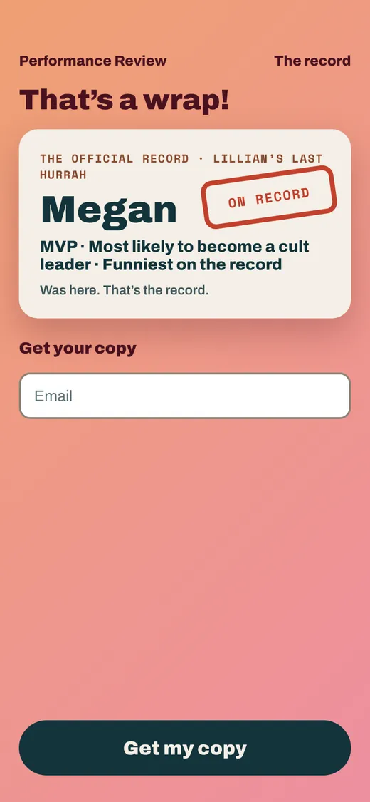 The end-of-night share card on a phone, with Get my copy