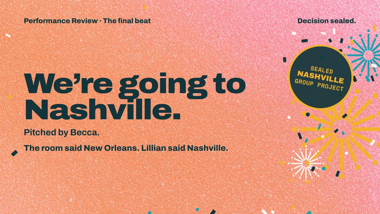The Group Trip finale on the TV, first beat: We’re going to Nashville. Pitched by Becca. The room said New Orleans. Lillian said Nashville. A Sealed Nashville stamp, with fireworks beside it.